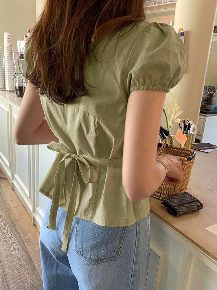 Women's Solid Color Fitted Tie-Waist Petal Sleeve Fitted Short Sleeve Blouse, Pink, Spring/Summer