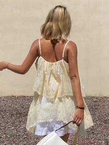 Livesso Women's Yellow Lace Camisole With Layered Ruffle Hem, Elegant For Casual, Beach, Wedding, Valentine's Day, Spring/Summer Boho - Beige - View 7