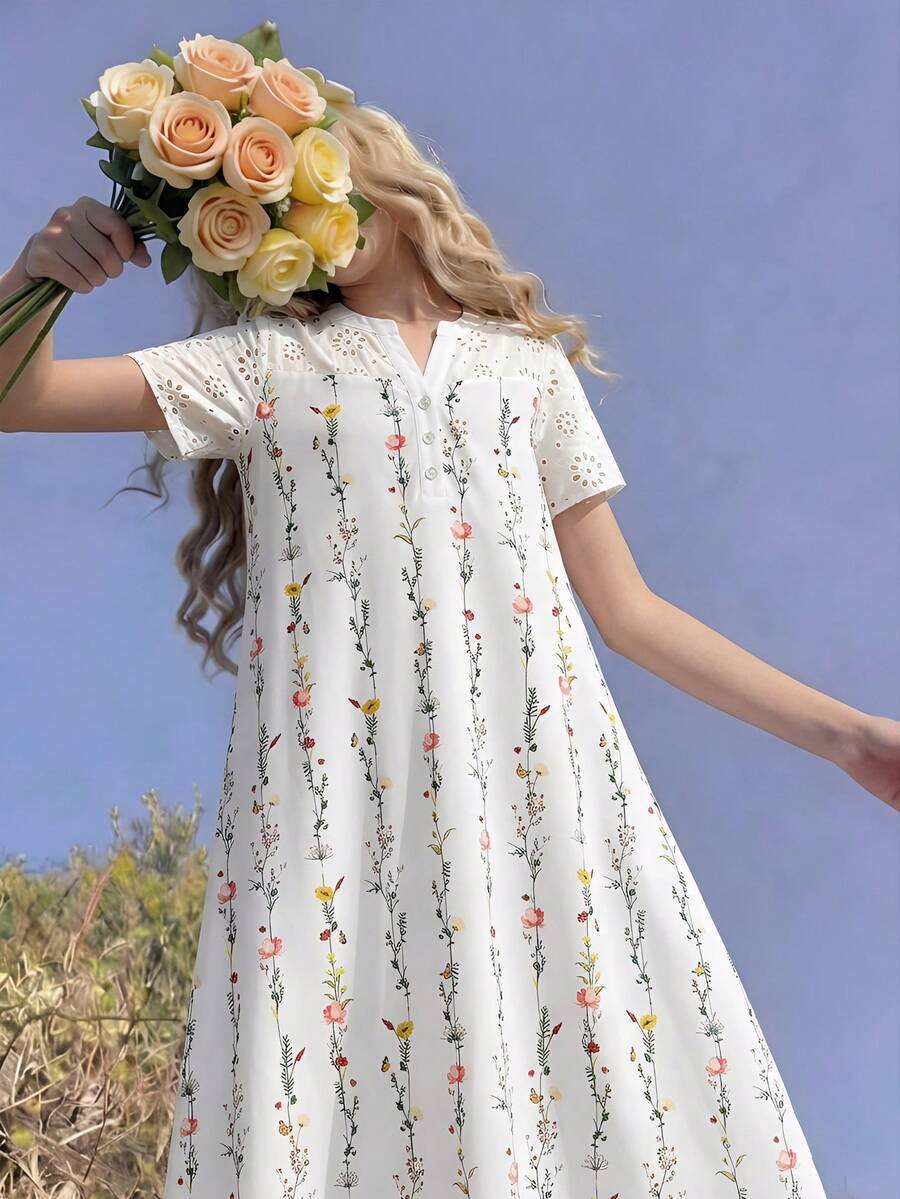 SHEIN Váy chữ A tay ngắn cổ chữ V in hoa giản dị rộng rãi cho bé gái tuổi mới lớn - trắng - Xem 1