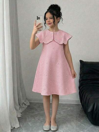 Tween Girl Elegant Rhinestone Embellished A-Line Dress, Suitable For Wedding Flower Girl, Apricot Color, Spring/Summer Modeling Dresses For Girls Pink Dresses For Girls Dresses With Peter Pan Collar SHEIN Girls' Jacquard Strap Dress With Textured Jacquard Fabric Square Collar Design, Waisted Wide Skirt, Soft & Crisp Suitable For Multiple Seasons, Fresh Pale Yellow Color + Exquisite Jacquard Suitable For Daily Outings / Party, Loose Fit Non-Binding, Easy To Match And Maintain, Creating A Gentle A