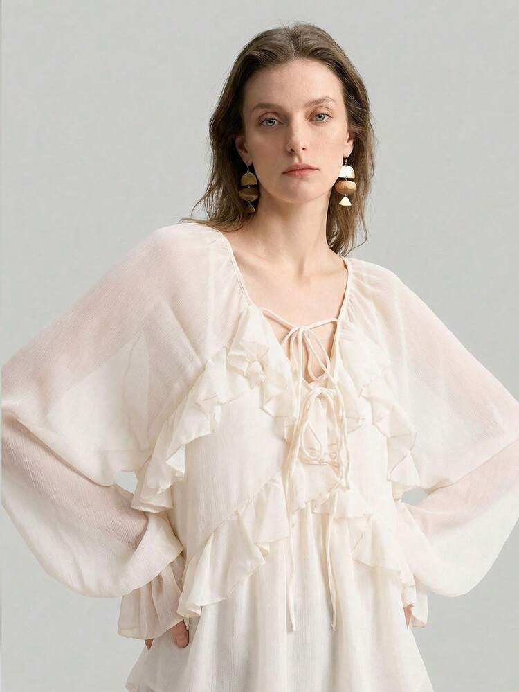 Ontre 2026SS Stile di Stoccolma, Outfit da insegnante da donna, Abito in chiffon color albicocca con orlo alto-basso stile bohémien nuovo per il 2025, con rifiniture arricciate, morbido e fluente, abito elegante da resort, abito casual da donna, stile vintage - Albicocca - Visualizzare 2