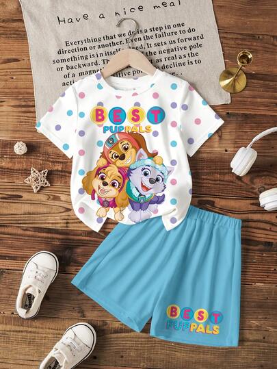 SHEIN | PAW Patrol Young Girls Cute Cartoon Print Short Sleeve T-Shirt & Shorts Set