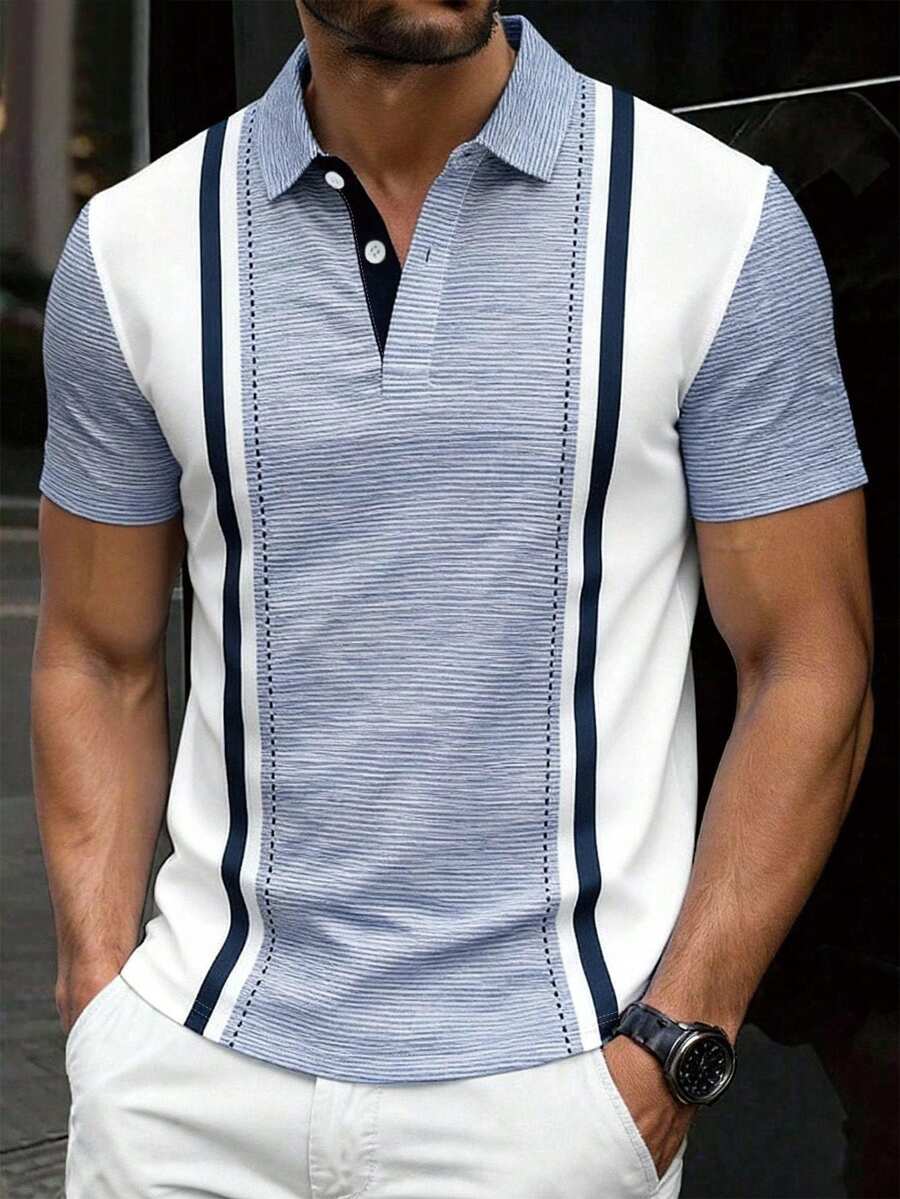 Manfinity Dauomo 男士撞色拼接Polo衫，休闲商务通勤风，适合户外活动、办公室穿着、日常穿搭 - 彩色 - 查看 1