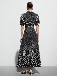 Aveloria Modichic 优雅女士雪纺连衣裙，胸部褶裥设计，公主袖，收腰，A字裙摆，简约纯色，通勤百搭，长袖 - 黑與白 - 查看 6
