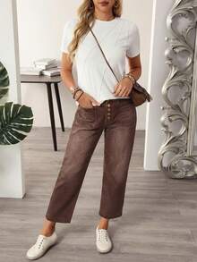 EMERY ROSE Plus Size Casual Jeans With Pockets, Minimalist Design - Coffee Brown - View 5