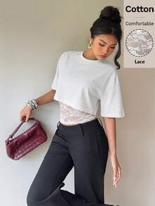 Siren Gaze 2-In-1 Design Women Lace Patchwork Short Sleeve T-Shirt, Y2K Style Summer Casual Top,Summer Top - White - View 6
