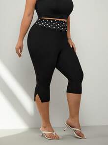 SHEIN CURVE+ 大码女式休闲黑色波点高腰紧身七分裤，适合日常通勤、约会、聚会、秋冬夏季、圣诞节、新年、感恩节、派对、婚礼、海滩、毕业典礼、时尚、优雅、休闲、外出、约会、预约、通勤、闪亮、情人节、优雅、度假、休闲、千禧年、性感 - 黑色 - 查看 8