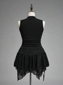 ROMWE Summer Outfits Dark Forbidden Forest Boho Goth Snake Eye Hollow Design Plus Size Tight Fitted Stand Collar Camisole - Black - View 3