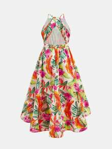 SHEIN Tween Girls Cute Tropical Print Halter Backless Front Short Back Long Dress, Suitable For Summer & Vacation - Multicolor - View 5