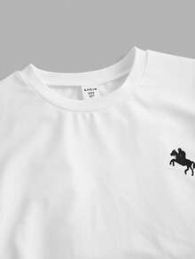 SHEIN Bộ đồ thường ngày cho bé gái tuổi teen: Áo trắng in hình ngựa và quần sọc đen trắng. - Đen và trắng - Xem 2