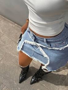 StreetHx Chân váy ngắn denim hình ngôi sao phong cách retro, thời trang, giản dị, đa năng dành cho nữ. - Rửa nhẹ - Xem 7