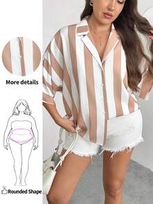 Enliva Blouse femme grande taille décontractée, ample, mode, polyvalente, simple, rayée. Adaptée aux courbes rondes du corps - Kaki - Voir 2