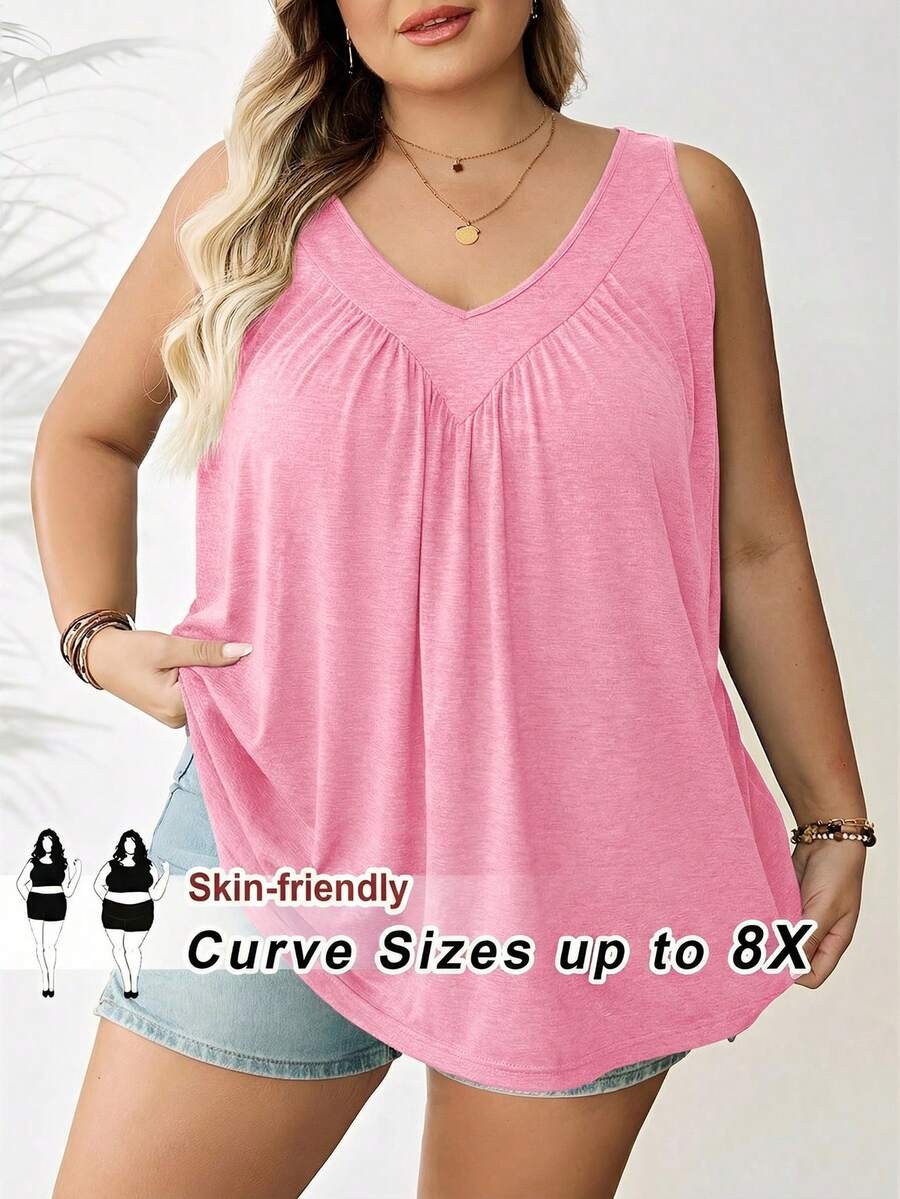 SHEIN CURVE+ 大码女式绿色V领宽松吊带背心 - 粉色 - 查看 1