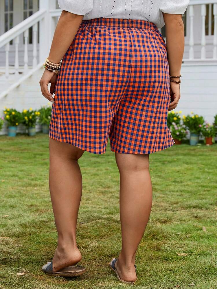 Plus Size Women's Summer Casual Loose Plaid Black And White Gingham Linen Double Pocket Shorts Mother's Day Summer Dress Summer Outfits For Women Spring Clothing Spring Outfit Beach Outfits For Women Vacation Outfits Women Summer Holiday Outfits Country Style For Women