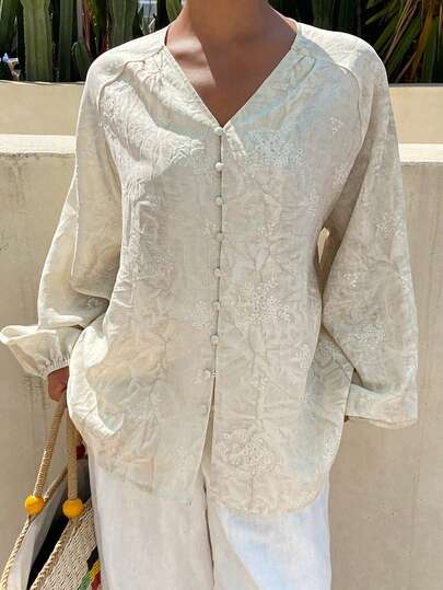 Livesso Women's White Printed V-Neck Petal Sleeve Vacation Shirt, Summer