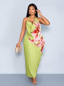 SOLERSUN Große Größen Damen Blume Muster Neckholder Rückenfreies Slip Kleid, sexy und elegantes Maxikleid mit Schlitz, geeignet für Pendeln, Urlaub, Strandpartys, Valentinstag, Frühlings- und Sommerbekleidung, Retro-Mode, minimalistischer Stil, AU Girly Style, Strandwochenend-Kunstzubehör V-Ausschnitt grünes Kleid, Frühlings- und Sommer-Casual-Luxus-Urlaubsstil, gelbgrün blumig, ethereal. - Grün - Übersicht 2