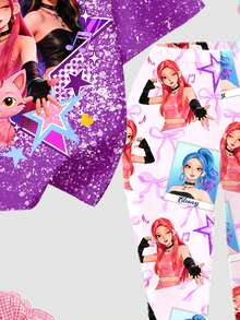 SHEIN 2件套卡通女孩多巴胺渐变紫色蝴蝶结K-Pop巨星休闲卡通图案圆领短袖T恤和喇叭裤夏季套装 - 彩色 - 查看 6