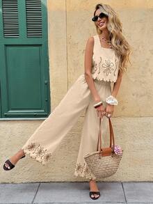 SHEIN Frenchy Bộ 2 món gồm áo in hoa và quần ống rộng dành cho nữ, thích hợp mặc hàng ngày. - màu nâu - Xem 9