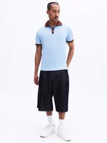 SUMWON 罗纹 Polo 衫，撞色领口和袖口饰边，纽扣门襟，夏季休闲男装，短袖，常规版型 - 藍色 - 查看 5