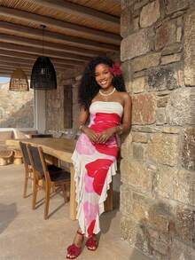 BamGleam Women's White And Pink Floral Printed Strapless Dress,Summer Casual Vacation Holiday Beach Outfits,Ruffle Hem Maxi Dress,Resort Caribbean Outfits - Red - View 5