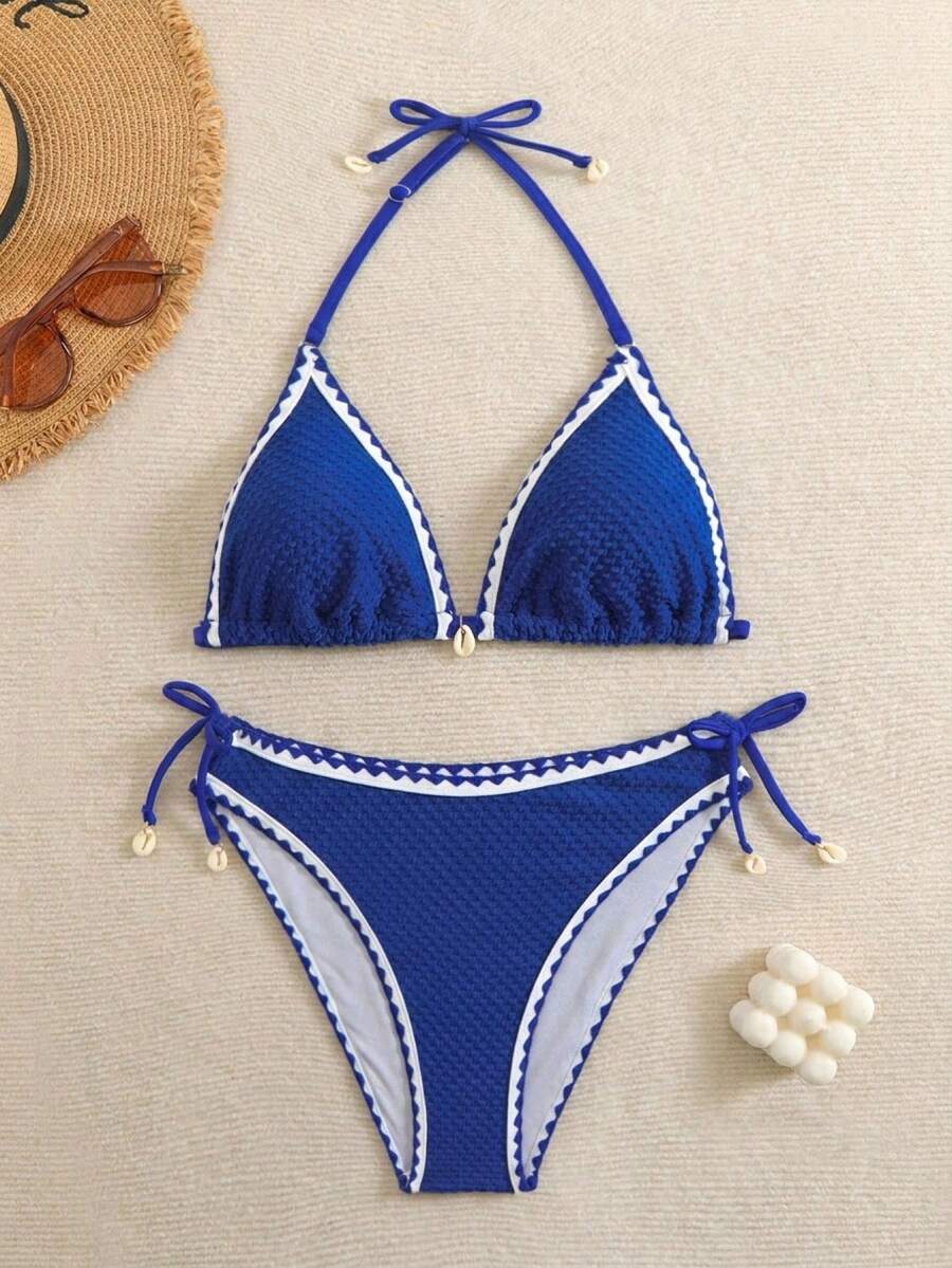Teen Girl Summer Swim Girl's Vacation Striped Trim Halter Neck Tie Bikini Set, 2pcs/Set,Summer Beach - Royal Blue - View 1