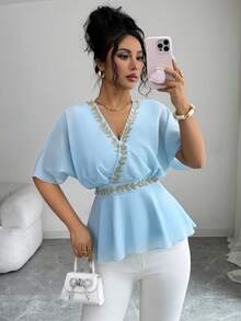 Elenzga Áo kiểu nữ màu xanh nhạt bằng vải chiffon, cổ chữ V, thêu chỉ vàng, dáng áo choàng, thắt eo, thích hợp cho các buổi tiệc và sự kiện buổi tối. - Màu xanh lam - Xem 7