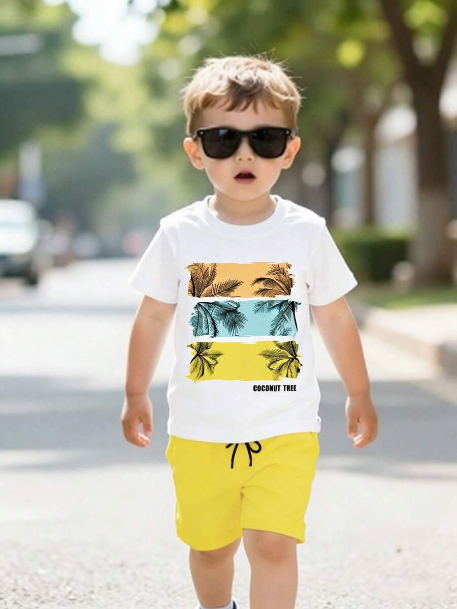 SHEIN Streecool Kids 男童圆领短袖休闲夏季上衣和短裤两件套 - 黃色 - 查看 1