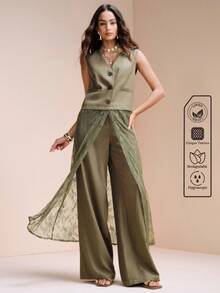 SHEIN Zanirela Women's Lace Patchwork Slim Fit Vest And High Waist Wide Leg Pants Set, Deep V-Neck Single Breasted Long Lace Hem, Elegant Summer Olive Green Brunch - Army Green - View 1