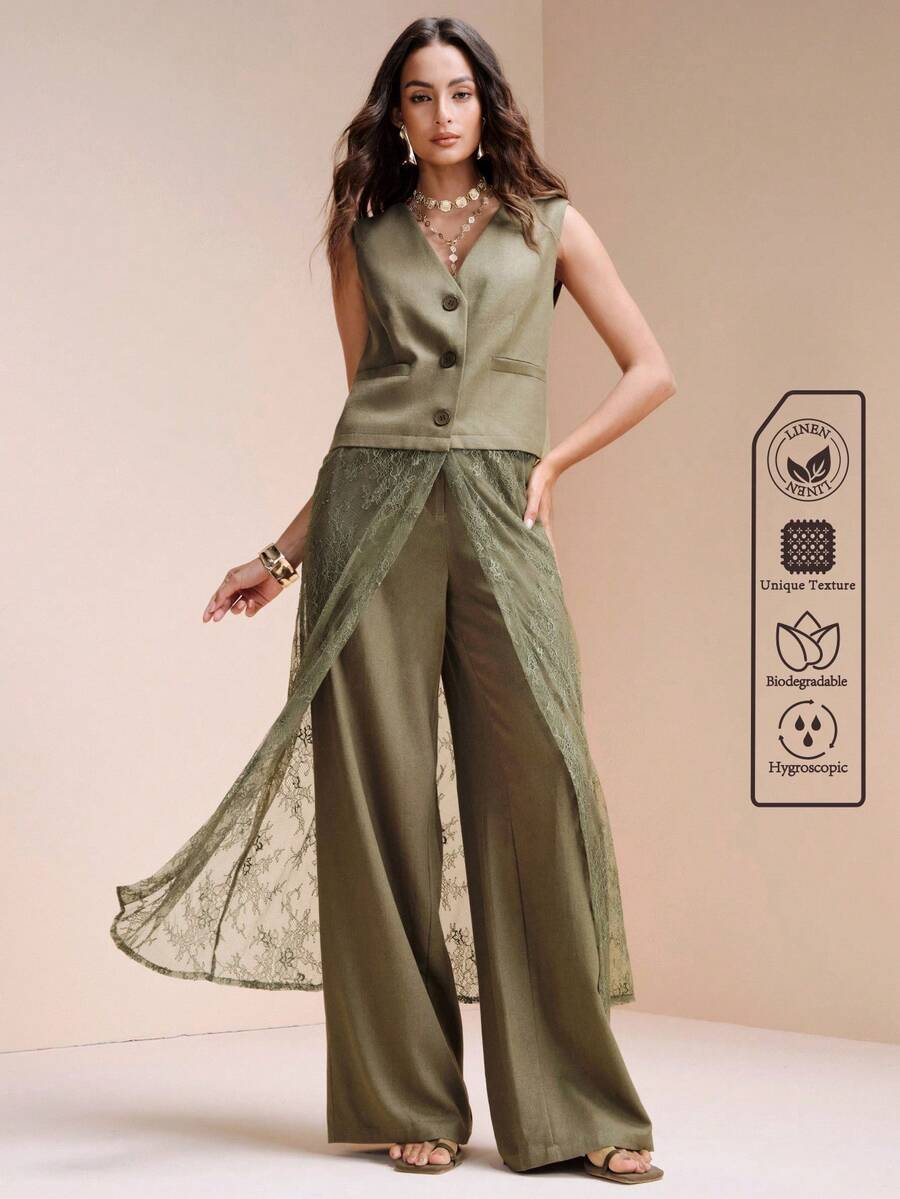 SHEIN Zanirela Women's Lace Patchwork Slim Fit Vest And High Waist Wide Leg Pants Set, Deep V-Neck Single Breasted Long Lace Hem, Elegant Summer Olive Green Brunch - Army Green - View 1