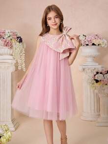 Pitira Đầm dự tiệc cho bé gái tuổi teen, màu hồng nhạt thanh lịch, chất liệu lưới phối họa tiết, đính ngọc trai, dáng chữ A, thích hợp cho các dịp trang trọng, tiệc tùng, sinh nhật, mặc hàng ngày, lễ hội, họp mặt gia đình và các sự kiện đặc biệt, mặc đôi với chị em gái, phong cách retro dễ thương, thanh lịch, thích hợp cho mùa tựu trường, các bữa tiệc sang trọng, hẹn hò, đi làm, thích hợp cho đám cưới, tiệc sinh nhật, dạ hội, váy phù dâu, váy dạ hội trang trọng, lễ tốt nghiệp, bé gái cầm hoa. - Hồng - Xem 1