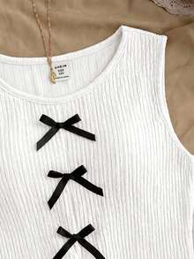 Kids Tween Girls Cute White Crop Top With Black Bowknot Detail And Slit Hem, Summer Tops Girls Vest Tops Cute Crop Tops Cute Tops For Girls Tops For Girls Teenagers - White - View 4