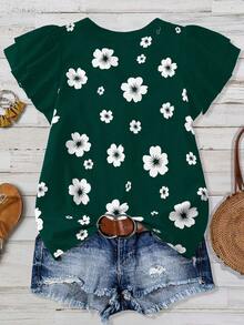 SHEIN JORESS Elegant French Floral Print V-Neck Linen Blend Ruffle Sleeve Blouse, Suitable For Commute, Casual, Vacation, Plus Size - Dark Green - View 2