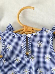 SHEIN Baby Girl Plaid & Floral Print Ruffle Bow Decor Top And Pants Casual Daily Outfit Set - Blue - View 3