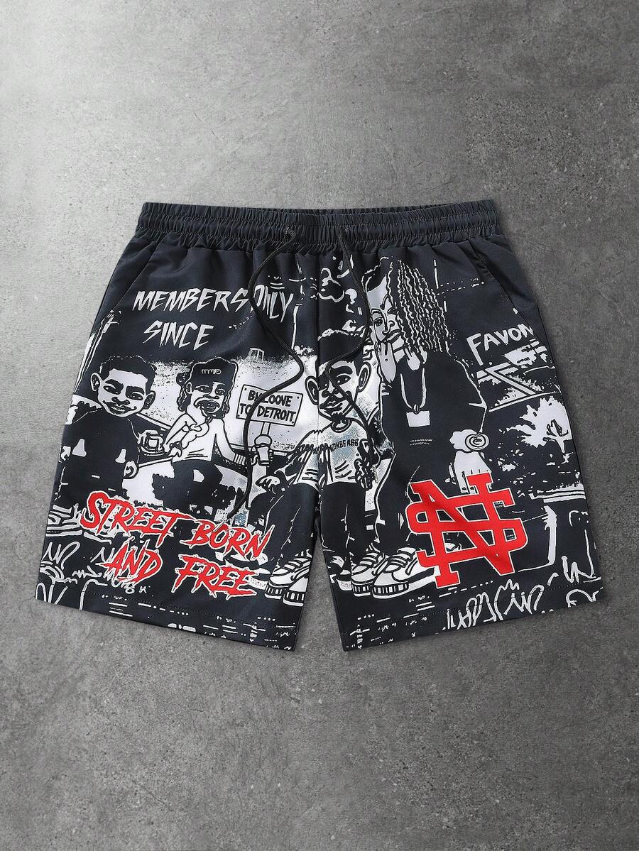 ROMWE MEN Street Life Men's Printed Woven Shorts, Suitable For Spring And Summer - Black - View 1