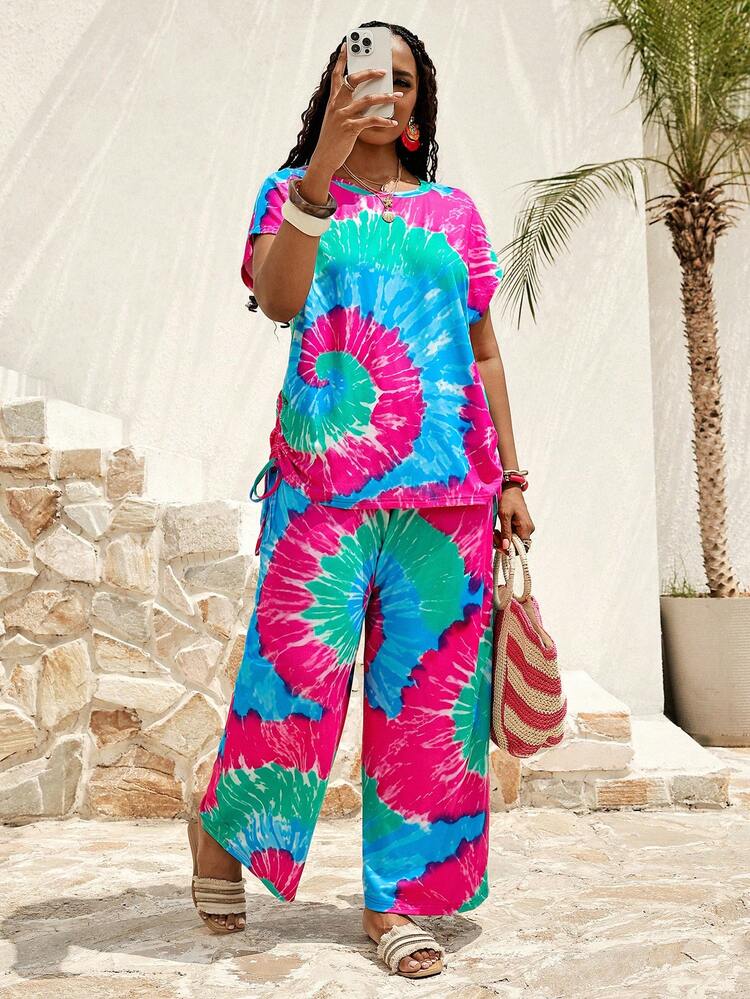 Plus Size Women's Tie-Dye Drawstring Round Neck Short Sleeve T-Shirt And Casual Pants 2-Piece Set Summer Summer Outfits Spring Clothing Spring Outfit Festival Outfits For Women Beach Outfit For Women Vacation Outfits Women S For Women Summer S Country Concert Outfit Women's Country Clothing Casual Sets For Women 2 Piece Set Holiday Outfit