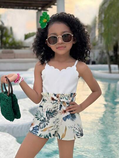 SHEIN 女童针织纯色拼接碎花吊带连体衣