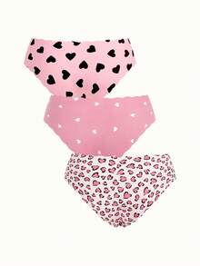 3pcs Women's Panties With Lovely Heart Print, Ruffled Trim, Soft & Smooth Fabric, Comfortable Casual Underwear - Multicolor - View 2