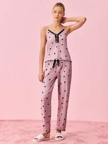 Bonmuse Bộ đồ PJ PJ / Bộ Pajama in hình trái tim tương phản - Bụi hồng - Xem 3