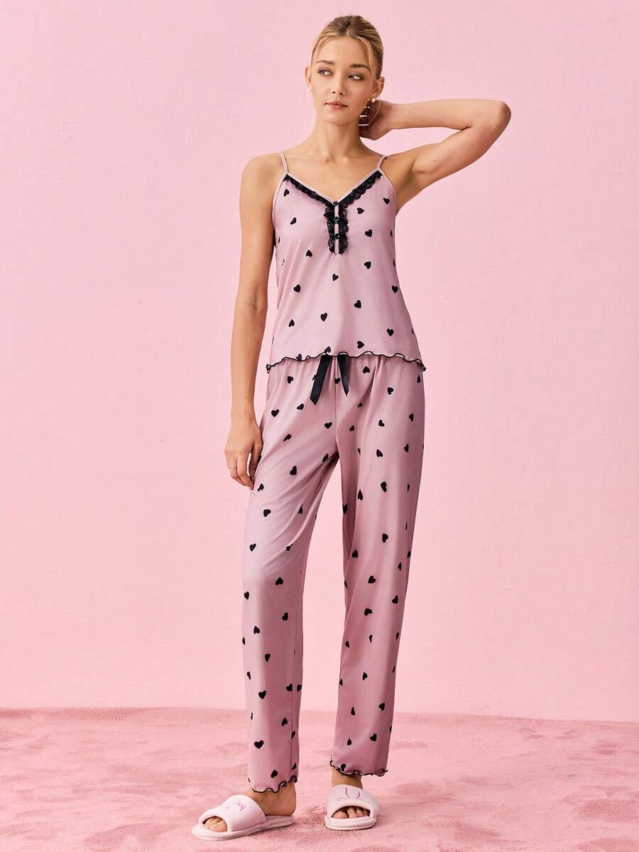 Bonmuse Women Pajama Sets Kontras Lace Contrast Binding Hati All Over Print Lucu - Dusty Pink - View 1