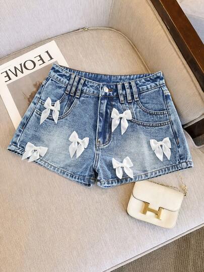 GlowEve 女士夏季休闲牛仔短裤，饰有蝴蝶结