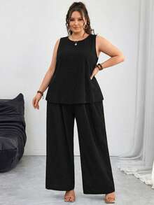 SHEIN CURVE+ Curve 尺码 US22 音乐节、海滨度假、波西米亚纯色背心和阔腿裤 - 黑色 - 查看 6