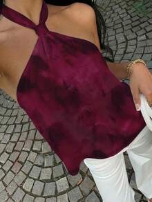 SHEIN EZwear 休闲简约度假波西米亚风优雅复古酒红色扎染水彩印花图案，适合音乐节、海滩装扮、度假装扮，女士夏季上衣 - 彩色 - 查看 6