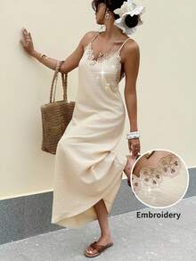 Serisse 女士蕾丝边休闲派对长吊带连衣裙 - 杏色 - 查看 1