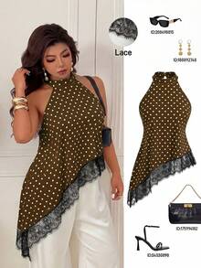 Plus Size Women's Fashionable Polka Dot Halter Neck Asymmetrical Ruffle Trim Sleeveless Top - Brown - View 1