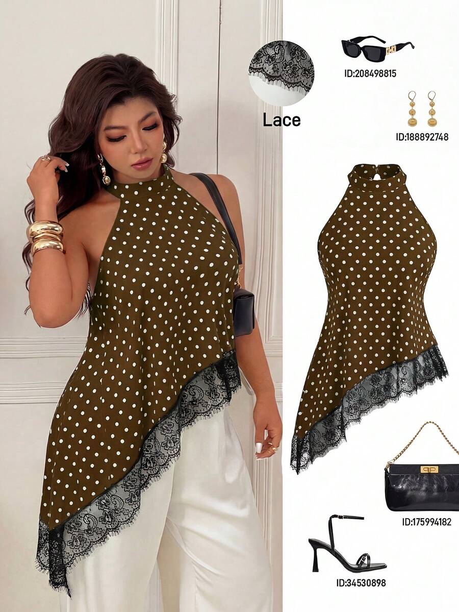 Plus Size Women's Fashionable Polka Dot Halter Neck Asymmetrical Ruffle Trim Sleeveless Top - Brown - View 1