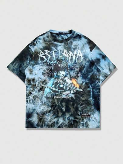 ROMWE MEN Men's Round Neck Fashionable Printed & Tie-Dye Short Sleeve T-Shirt, Summer