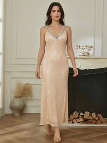 Dazy-Less Robe sequin élégante, coupe slim, convient pour le printemps/été, mariages, fêtes, événements formels, robe de jour pour le travail - Nude - Voir 4