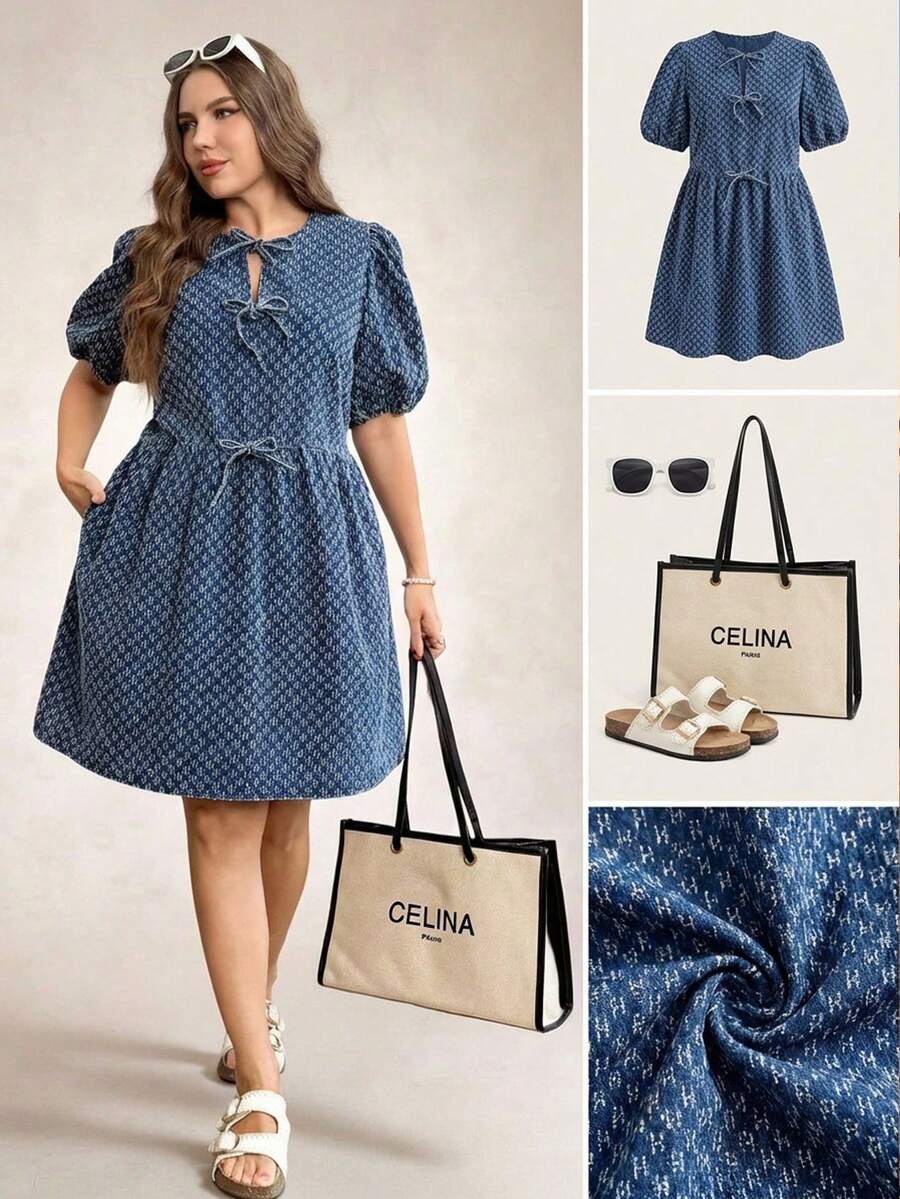 SHEIN LUNE Plus Size Cotton Washed Collar Bow Pocket Dress Women Casual Dresses Women's Summer Dresses French Style Dress Women's Dress Casual Short Dress Women's Summer Outfits Casual Dresses For Women Vacation Outfits For Women Blue Dress For Women Beach Dress Beach Outfits For Women Casual Dresses For Women Vacation Outfits Women Vacation Dresses Country Dress Country Concert Outfit Summer Dress - Blue - View 1