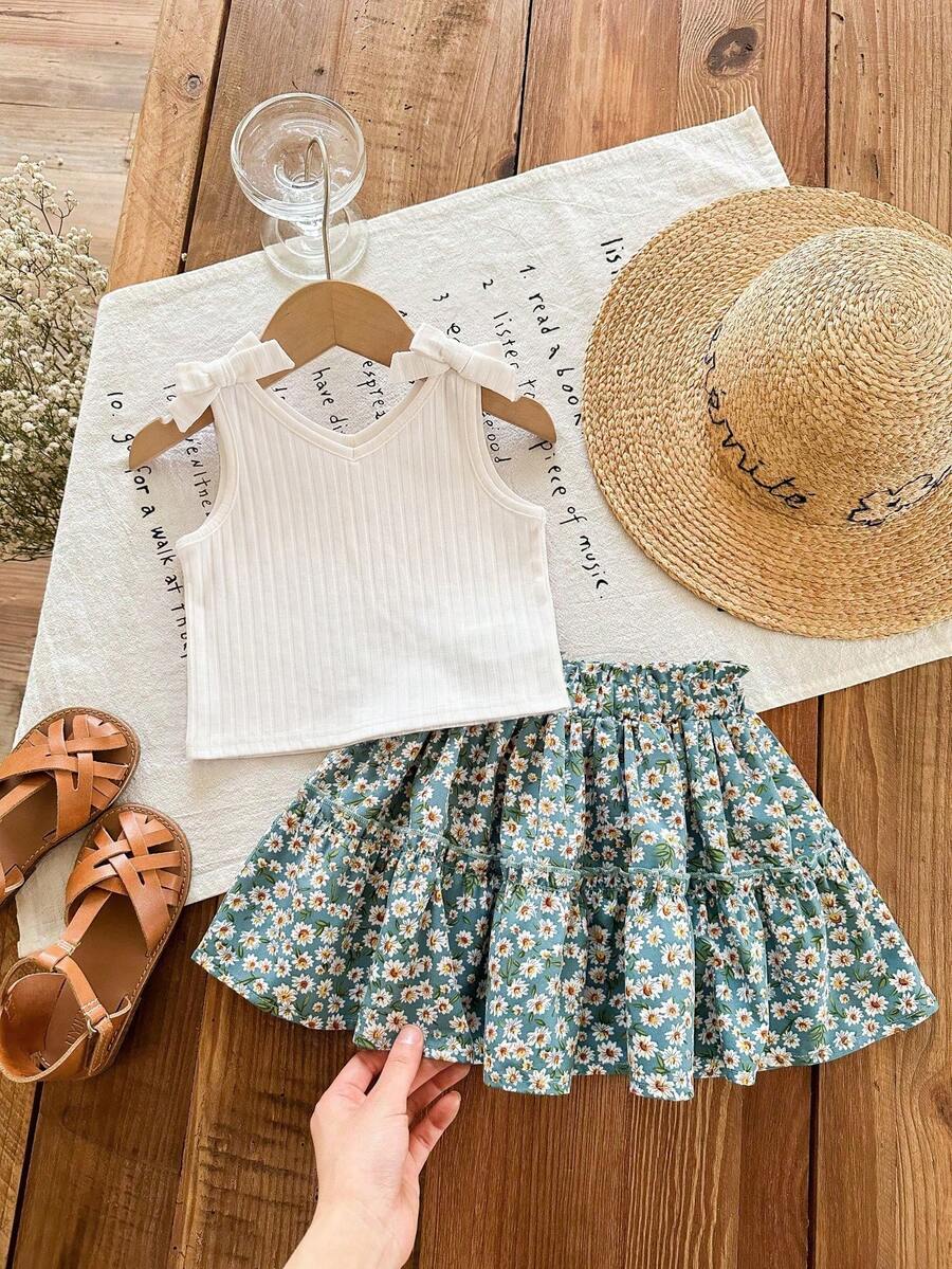 SHEIN LMoss Kids Young Girl Young Girl Knit Solid Color Camisole + Printed Chiffon Mini Skirt 2 Pieces Set - Green - View 1