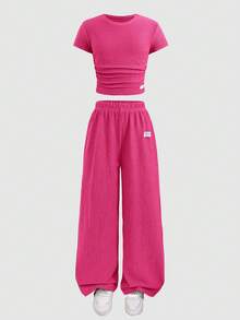 SHEIN Tween Girls Bow Ribbed Print T-Shirt & Long Pants Knit 2 Pieces Set, Casual Daily Fashion Versatile Tween Girl - Hot Pink - View 7